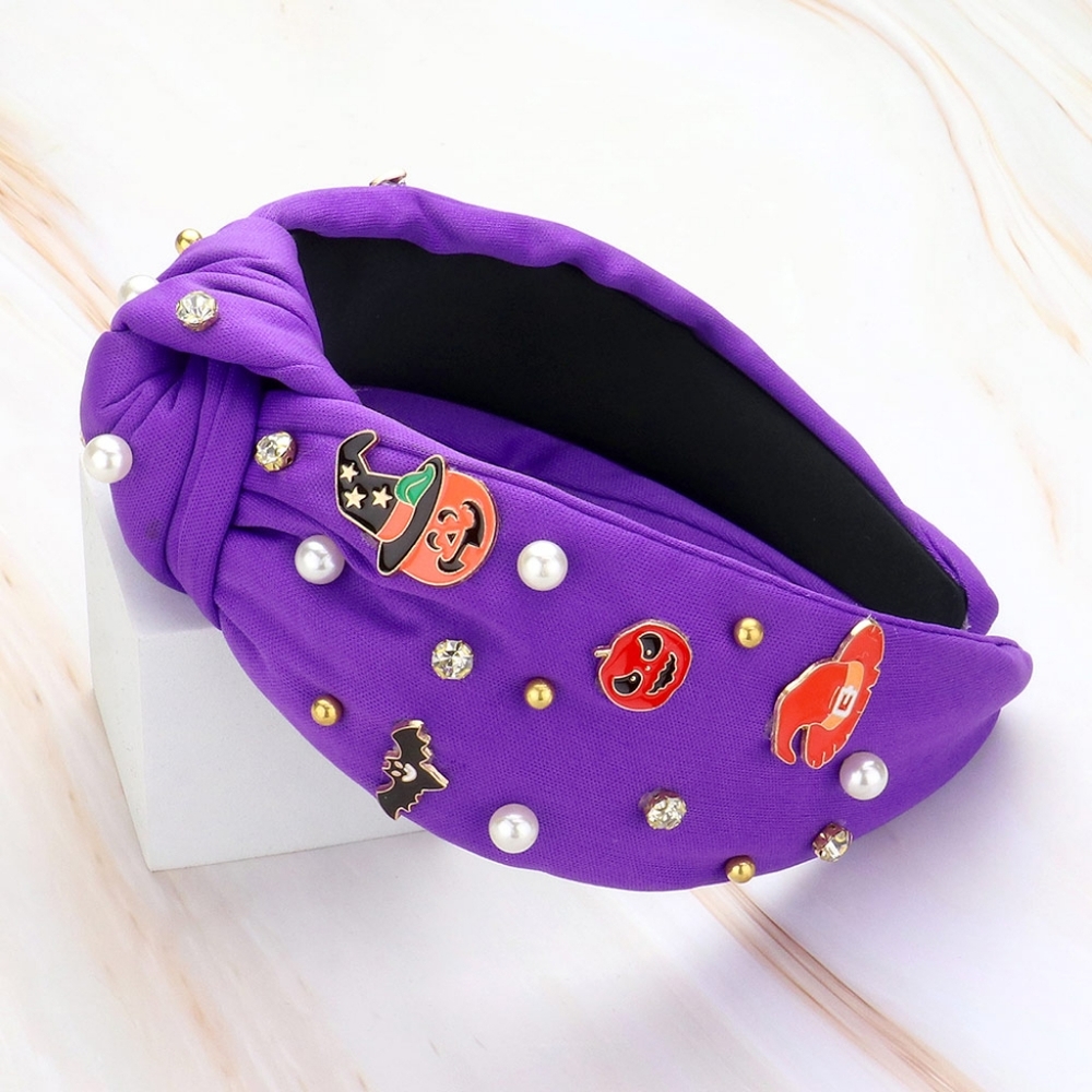 Purple Halloween Witch Hat Pumpkin Pearl Cluster Bling Charm Headband Holiday